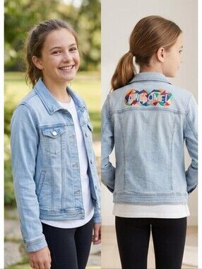 Cat & Jack Jean Jacket Rainbow AWESOME Embroidered on back Blue Size XL (14/16)